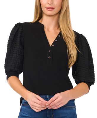 CeCe - Women's V-Neck Puff-Sleeve Mixed-Media Top