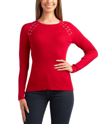 BCX - Juniors' Ribbed Lace-Up Long-Sleeve Crewneck Sweater