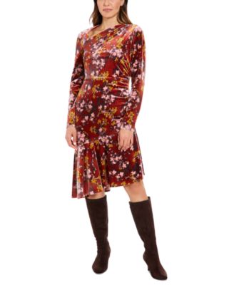 London Times - Women's Floral Velvet Asymmetric Dress