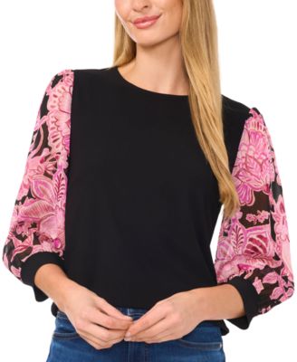 CeCe - Women's Puff-Sleeve Mixed-Media Top