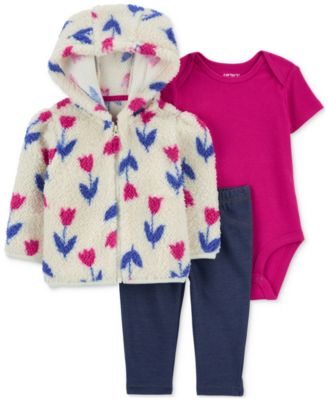 Carter's - Baby Girls Faux-Sherpa Floral Little Jacket, Bodysuit & Denim Leggings, 3-Piece Set