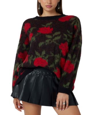 GUESS - Women's Rose-Print Crewneck Sweater