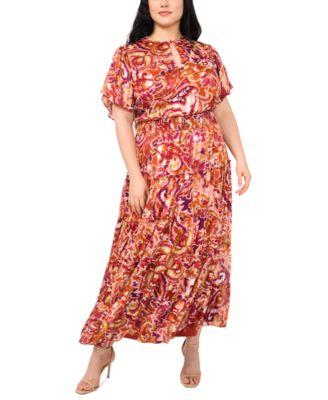 MSK - Plus Size Printed Keyhole Smocked Maxi Dress
