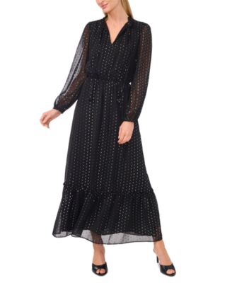 CeCe - Women's Metallic-Dot Tiered Sheer-Sleeve Maxi Dress
