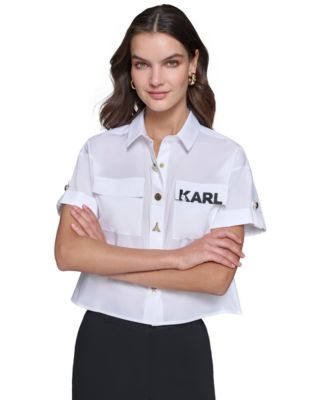 KARL LAGERFELD PARIS - Women's Cotton Poplin Cropped Logo Shirt