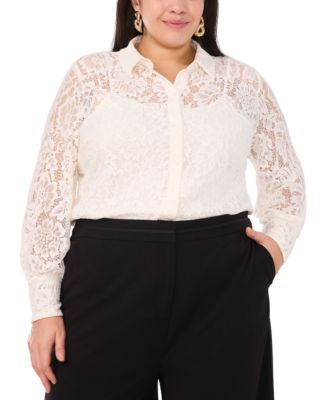 Vince Camuto - Plus Size Lace Fold-Collar Long-Sleeve Blouse