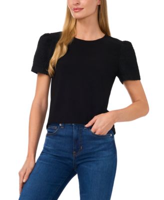 CeCe - Women's Mixed-Media Short-Sleeve Crewneck Top