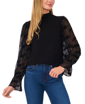 CeCe - Women's Mock Neck Sheer-Sleeve Ruffled-Cuff Top