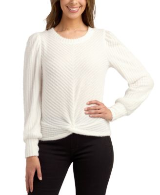 BCX - Juniors' Ribbed Twist-Front Puff-Sleeve Crewneck Sweater