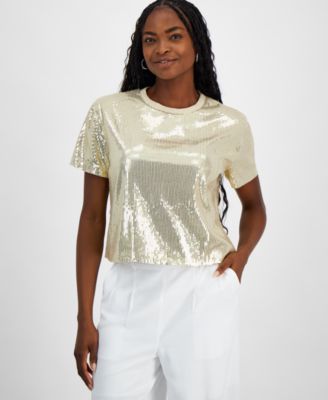 Bar III - Women's Sequin Short-Sleeve Crewneck Top