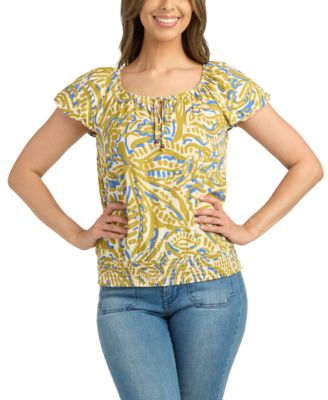 BCX - Juniors' Printed Bubble-Sleeve Smocked-Hem Peasant Top