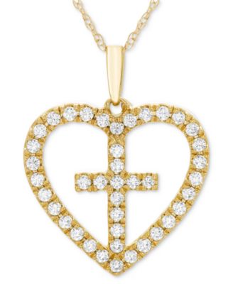 Macy's - Diamond Heart Cross 18" Pendant Necklace (1/3 ct. t.w.) in 14k Gold