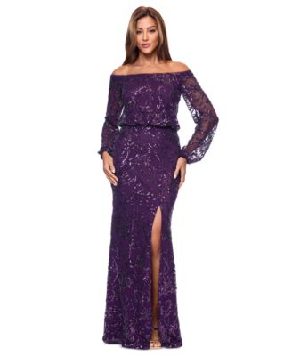 XSCAPE - Petite Sequin Off-The-Shoulder Side-Slit Gown