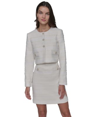 KARL LAGERFELD PARIS - Women's Tweed Embellished-Button Cropped Jacket