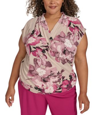 Calvin Klein - Plus Size Printed Cap-Sleeve Faux-Wrap Top
