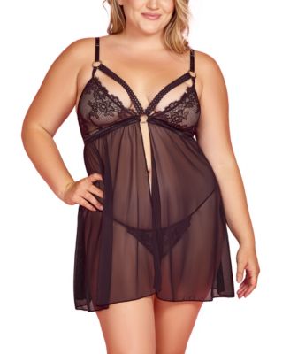 Hauty - s Plus Size 2 Piece Babydoll Lingerie Set with Fly Away Front and Beautiful Matching Panty