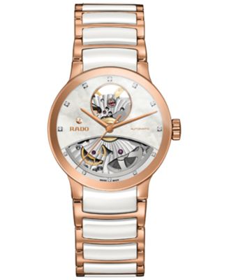 Rado - Women's Swiss Automatic Centrix Diamond Accent Rose Gold-Tone PVD Stainless Steel and White Ceramic Bracelet Watch 33mm R30248902